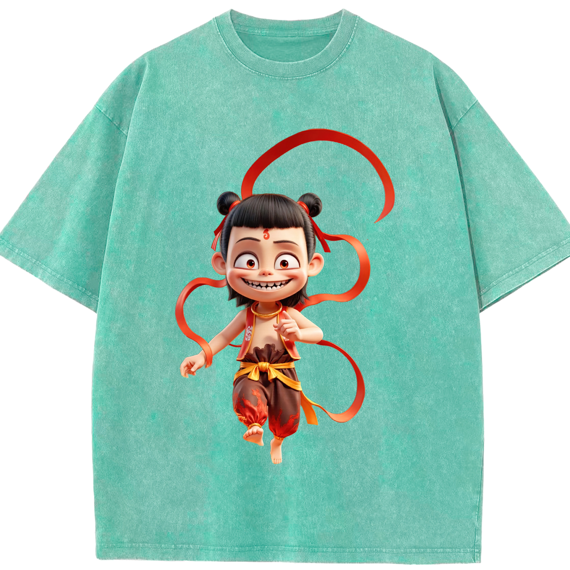 （画像用） Ne Zha 2 ナタ 魔童の大暴れ 綿100% ヴィンテージ風 半袖Tシャツ（フロントプリント）